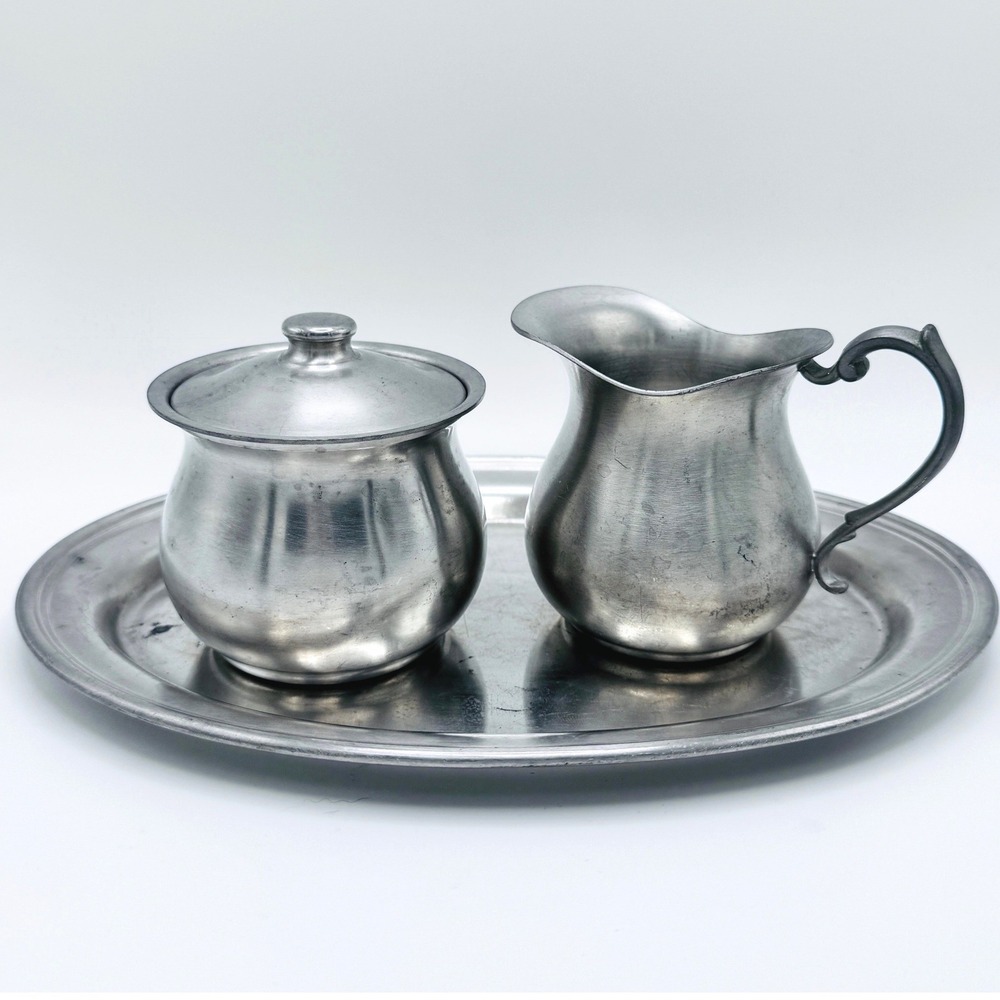 WEB Pewter Creamer Sugar Bowl Serving Tray Set 3 Vintage Rustic Metalware